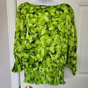 Michael Kors Women's Blouse Bright Green Floral Ruched Waist Satin Size Small